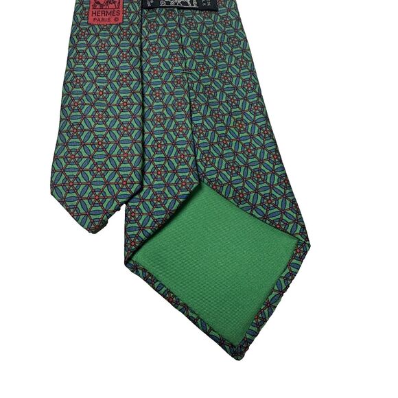 Hermes Silk Tie Style 7149 HA Green Blue Red Geometric - Picture 3 of 10